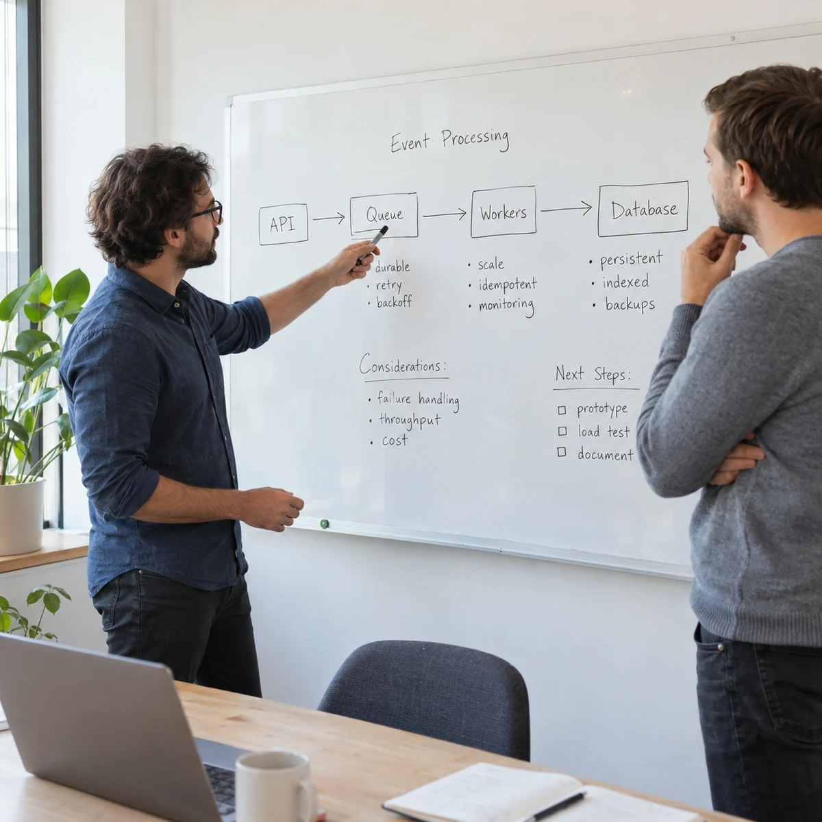 Two engineers discussing API, queue, workers, and database connections on a whiteboard.
