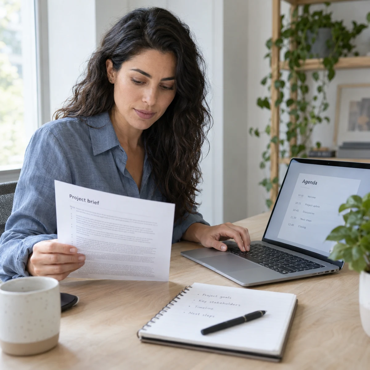 A professional preparing for a meeting with a printed project brief and laptop agenda.