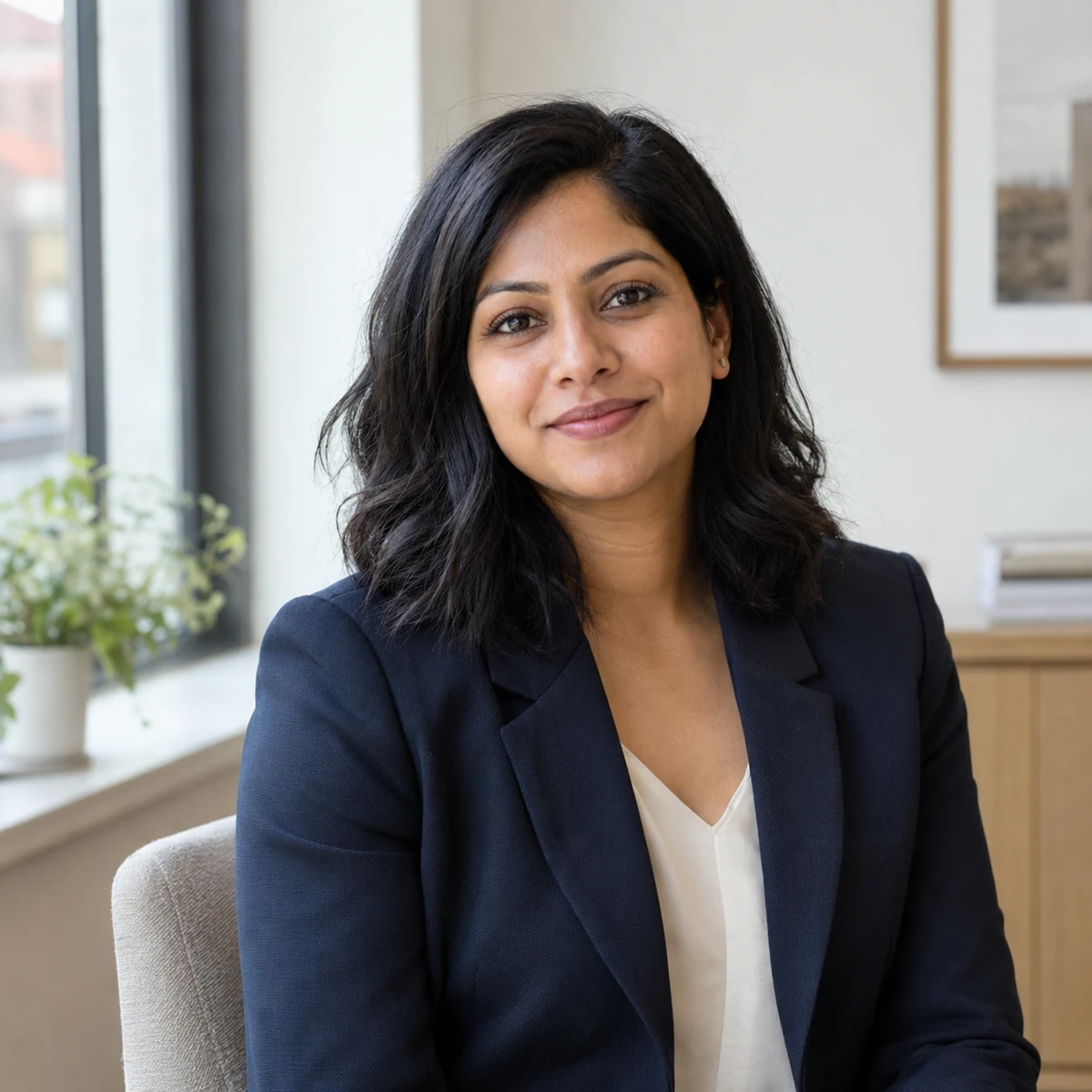 A fictional professional in a navy blazer photographed in a naturally lit workspace.