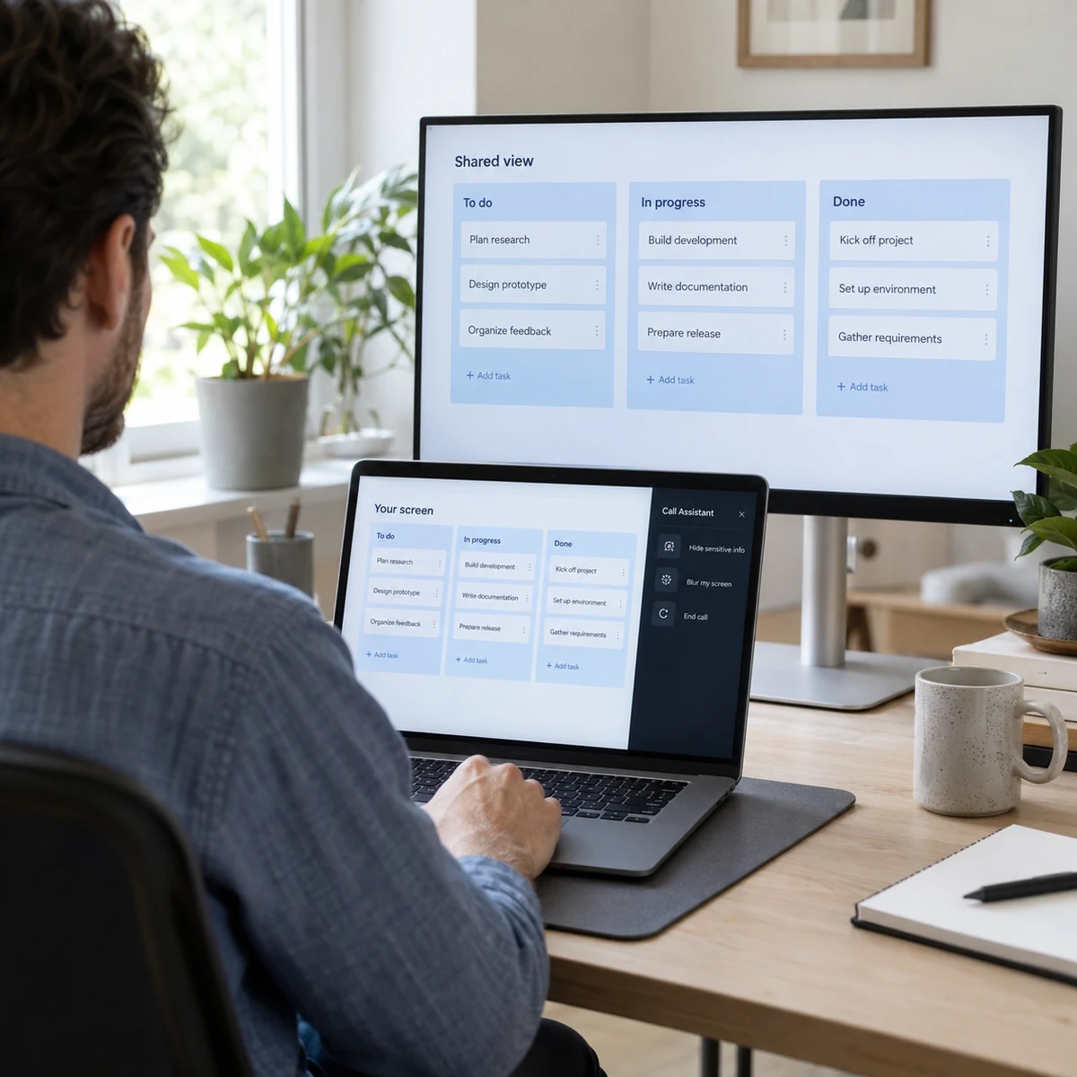 A professional comparing the same plan on two displays; the assistant overlay appears only on your laptop. Illustrative supported screen-share protection.