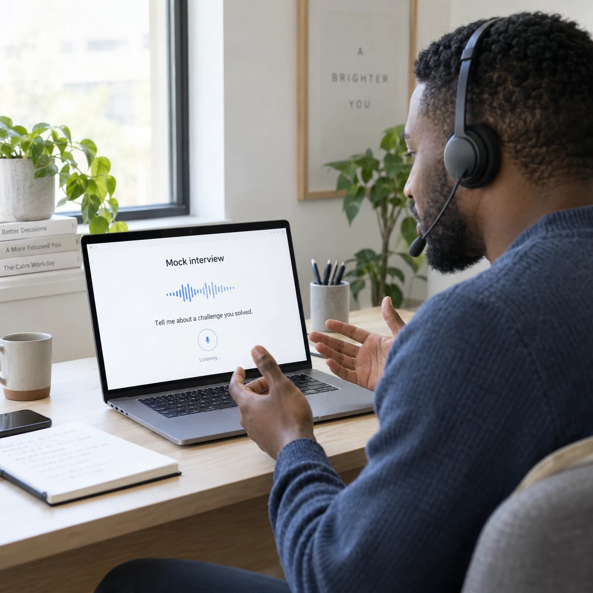 A professional practising a voice mock interview with a laptop and headset; no video interviewer.