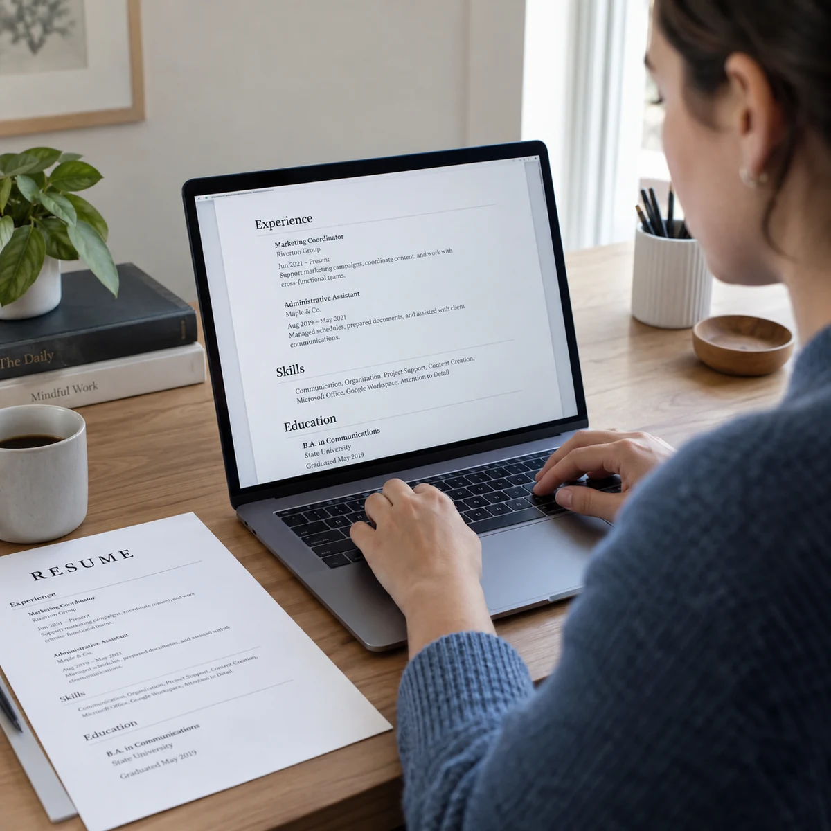 A job applicant editing experience, skills, and education in a résumé on their laptop.