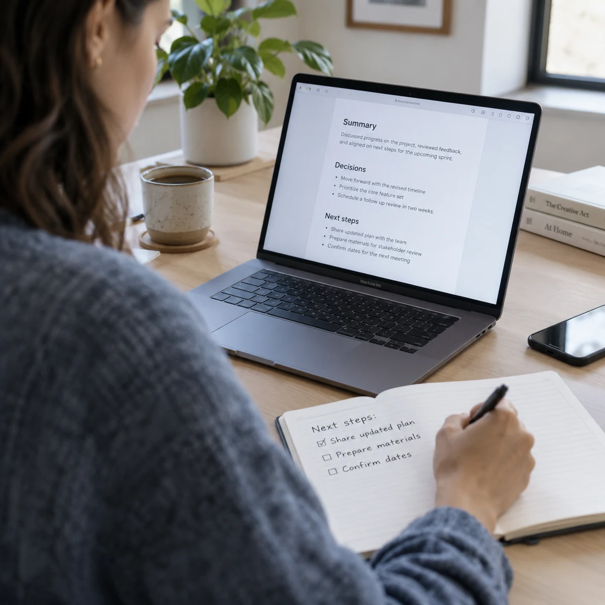 A professional reviewing meeting decisions and writing next steps in a notebook.