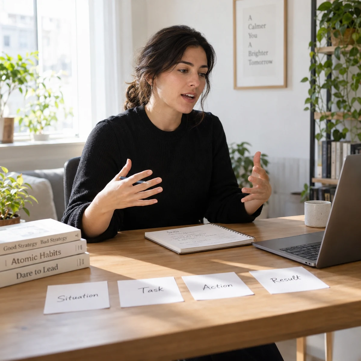 A professional rehearsing a story with Situation, Task, Action, and Result cards on the desk.