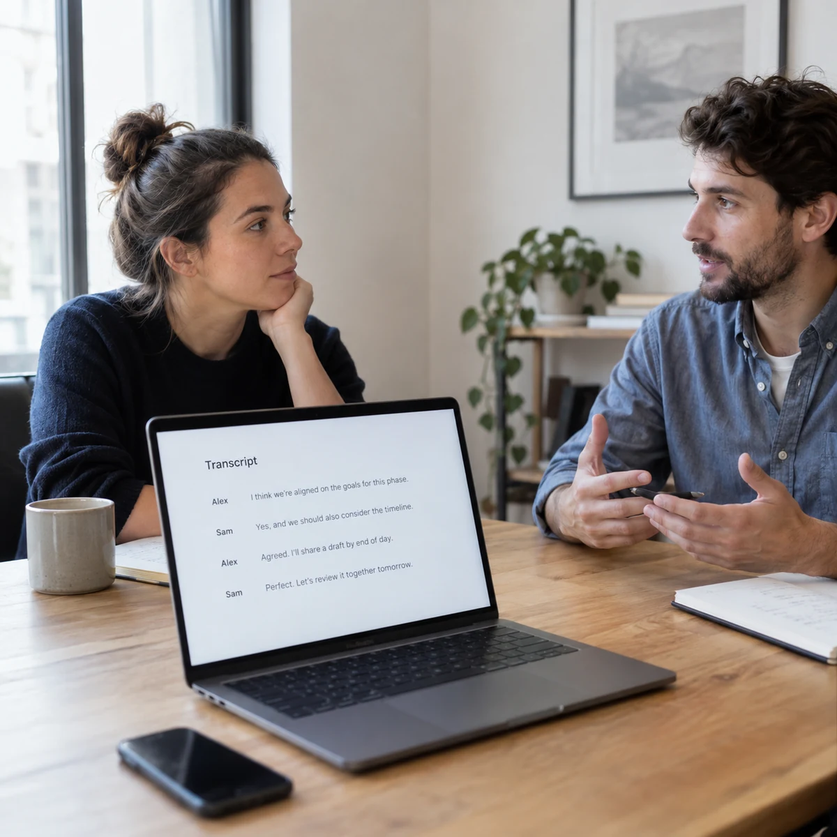 Two colleagues talking while a laptop displays their speaker-labelled transcript.